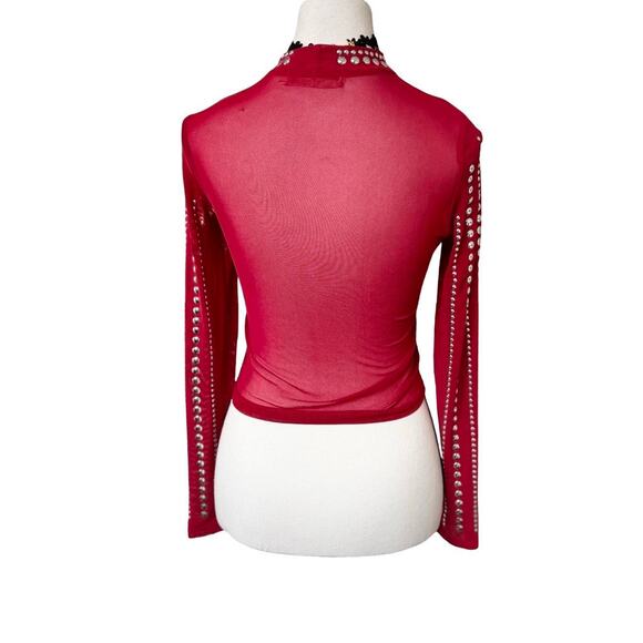 Y2K VTG. RED MESH STUDDED EMBELLISHED SHEER BLOUSE SMALL EUC. - Picture 7 of 8
